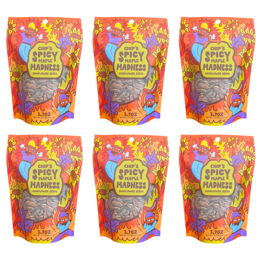 Six packages of 'Chip's Spicy Maple Madness' sunflower seeds with colorful packaging.
